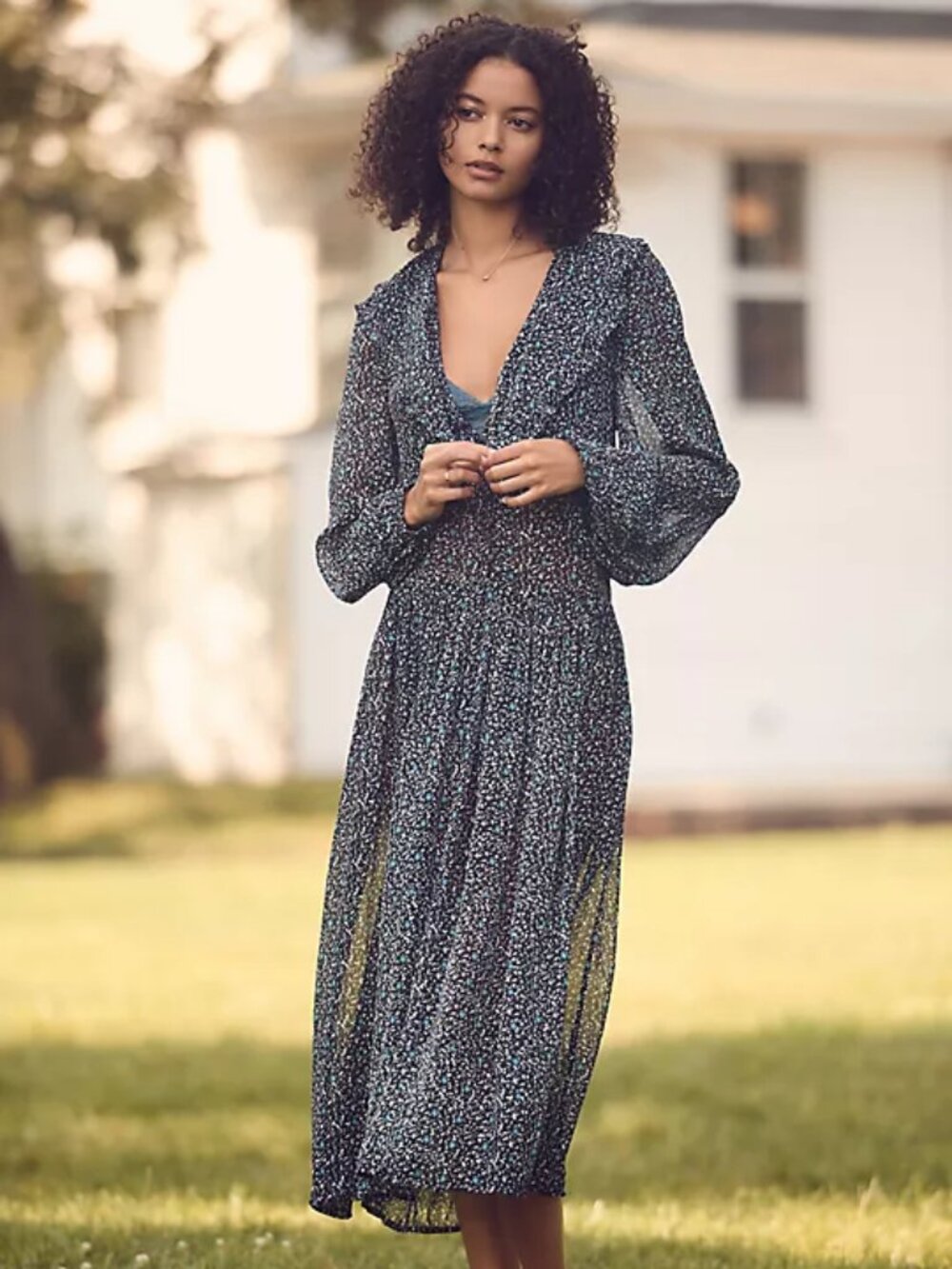 Anthropologie Dress Midi Long Sleeve Printed Sheer V Neck Ruffle Black NWT XS